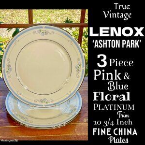 ▪️VTG▪️LENOX▪️3 Piece ASHTON PARK Pink Blue Floral Platinum Fine China Plates